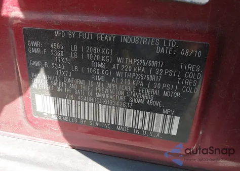 2011 Subaru Outback 2.5I Premium from USA, damaged, VIN 4S4BRBGCXB3342837